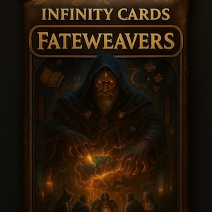 May include: A brown card pack with the text "INFINITY CARDS FATEWEAVERS" in gold lettering. The image depicts a hooded wizard with glowing eyes, conjuring energy above a group of figures seated around a table.