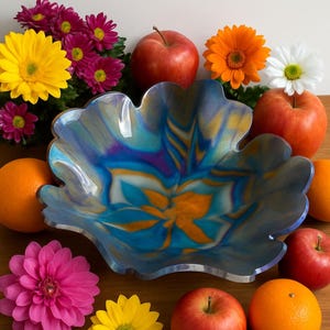 Luxus dekorative bunte Harz Obstschale, große grüne, blaue, orange gelbe dekorative Schale. Verwendung für Obst, als Blickfang.