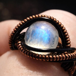 Rainbow Moonstone Ring: Handmade Black Copper Wires, 2 Toned Metal, June Birthstone