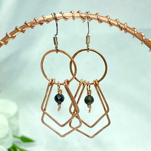 Gold sheen obsidian earrings, rose gold filled, copper, geometric open frame dangles