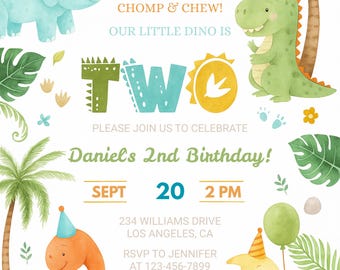 Bewerkbare dinosaurus pastel 2e verjaardag Jurassic Cute-feestuitnodiging bewerkbare Dino Party-sjabloon digitale download Chew Boy modern digitaal