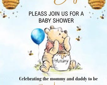 Blue Oh Boy Pooh Canva beste neutrale babyshower uitnodiging bewerkbare Winnie schattig schattig meisje afdrukbare instant uitnodiging digitaal gepersonaliseerd