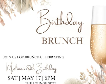 Beste moderne tuin bewerkbare verjaardagsuitnodiging brunch bloemen pampagras boho mimosa partij afdrukbare of canva digitale tekst uitnodigen