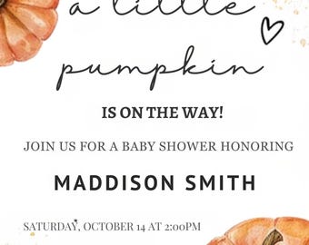 Herfst pompoen strooi bewerkbare canvas herfst minimalistische babyshower beste gelegenheden Thanksgiving moderne digitale afdrukbare uitnodiging
