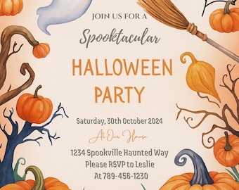 Bewerkbare uitnodiging voor feest Spooky Pumpkin Theme ThankYou Best Instant download canvasjabloon School Halloween-feesten Spookhuis