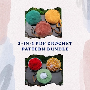 Può includere: Borse all'uncinetto a forma di frutta, verdi, arancioni, rosse e kiwi. Le borse hanno cinghie marroni e sono esposte su una superficie scura. Il testo sull'immagine recita "3-IN-1 PDF CROCHET PATTERN BUNDLE."