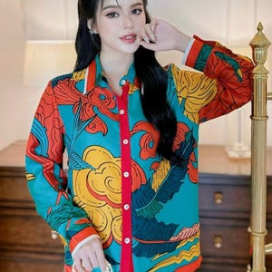 Vintage Style Patterned Shirt | Colorful Retro Print Blouse | Classic Art-Inspired Long Sleeve Button Down | Statement Boho Shirt
