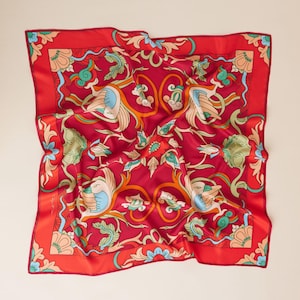 The Phoenix Silk Scarf – Luxury Square Scarf for Women, Hand-Drawn Mythical Bird Pattern SP4