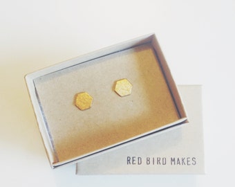 Mini Geo Crosshatched Brass Hexagon Earrings