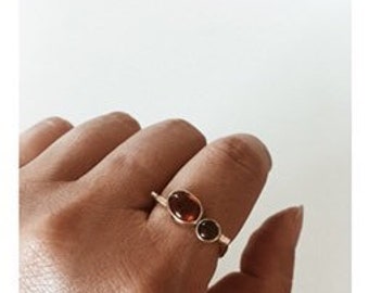 Solid Gold ‘Balance Ring’ with Smokey Quartz + Hessonite Garnet