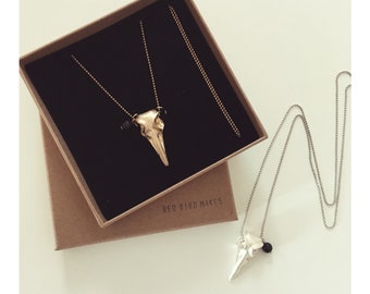 Long Bird Skull + Onyx Pendant Necklace