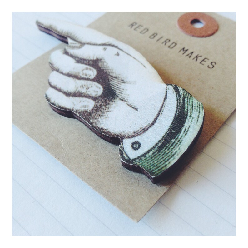 Large Vintage Pointing Finger Pin Brooch Lasercut Wood Etsy