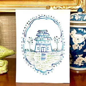 Blue Pagoda, Original Watercolor Painting // not a print//signed//coastal style //Grandmillennial//