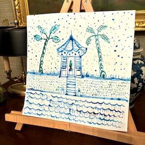 Blue Pagoda, Original Watercolor Painting // Home decor // Bath // Dining room // Grandmillennial