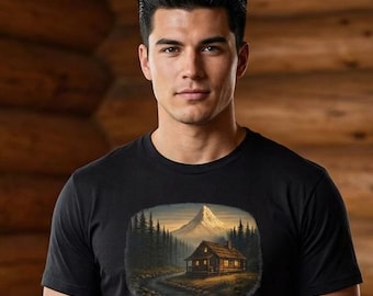 Rustic Simple Living Cabin T-Shirt, Vintage Mountain Landscape Nature Tee