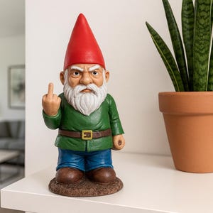 May include: A garden gnome statue with a red pointed hat, green jacket, blue trousers, and a white beard. The gnome is giving the middle finger. A potted plant with green leaves is to the right.