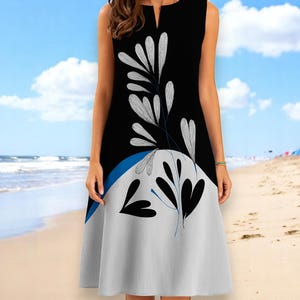 Black White Floral maxi dress, White Blue dress, Holiday sundress, bohemian bright dress, sleeveless dress, summer dress, beach dress