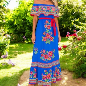 Blue Floral Embroidered Maxi Dress: Boho Off-Shoulder Cotton Sundress