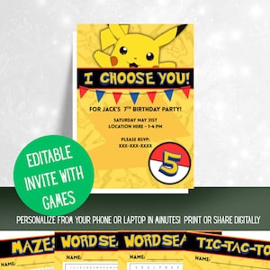 Pikachu Birthday Invite WITH GAMES - Invitation TEMPLATE - Personalized birthday invite
