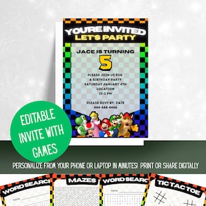 Mariokart Invite WITH GAMES - Template to personalize birthday invitation - Mario, Mariokart, Marioparty