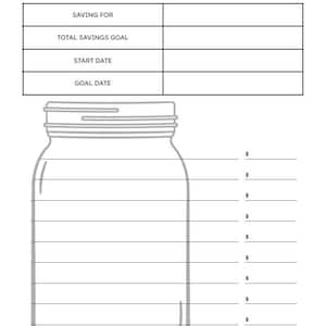 Puede incluir: Un rastreador de objetivos de ahorro en blanco y negro con el texto "SAVINGS GOAL TRACKER" en la parte superior. El rastreador incluye secciones para objetivos de ahorro, ahorro total, fechas de inicio y objetivo, y un gráfico de tarro para el seguimiento visual.
