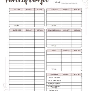 May include: A printable monthly budget planner with sections for income, expenses, savings, sinking funds, and debt. The planner includes spaces to write the month and year. The title "Monthly Budget" is at the top.