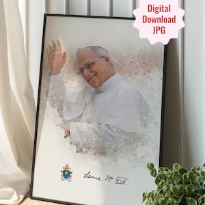 Ritratto firmato di Papa Leone XIV - Download digitale di arte murale cristiana - Poster religioso stampabile - Decorazione cattolica del Vaticano - Robert Prevost