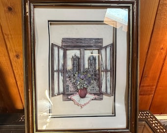 Vintage 3D Window Art View | Gothic Cityscape Decoupage | Hydrangea Floral Picture | Framed Wall Art With Depth