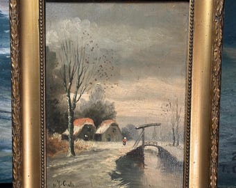 Vintage Autumn Forest Painting With Cabin, Original Oil On Canvas, Gilded Frame Wall Art, European Landscape, Rustic Woodland Scene