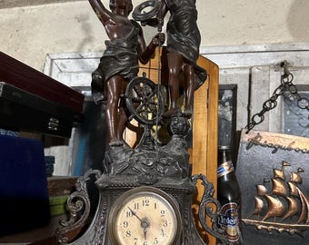 Antique Figural Mantel Clock with Dual Allegorical Female Figures – Cast Metal Art Nouveau Style – Ornate Table Clock