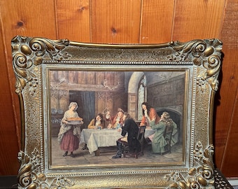 Antique Tavern Scene Wall Art | Rococo Gold Frame | Historical Interior Print | Old Masters Style | Vintage European Decor