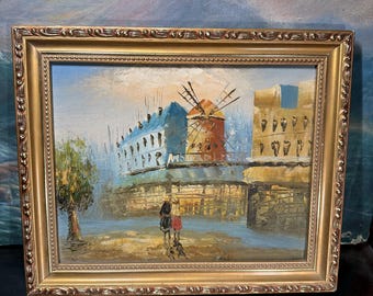 Vintage Paris Oil Painting, Moulin Rouge Street Scene Art, Framed French Wall Decor, Mid Century Paris Artwork, Gold Frame Canvas