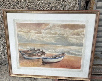 Boats On Benidorm Beach Watercolor, Signed, Framed Seascape Art, Vintage Coastal Landscape Painting