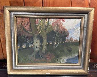 Original Oil Landscape Painting, Autumn Forest Trees by River, Signed RK, Vintage Framed Wall Art, Mid 20th Century Artwork