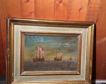 Vintage Maritime Oil Painting – 3 Tall Ships at Sea – Nautical Seascape in Gilt Frame – Original Marine Art