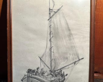 May include: Pencil sketch of a sailboat with a crew, framed in a dark brown wooden frame. The boat has a large sail and is depicted on the water. The artwork is signed in the lower right corner.