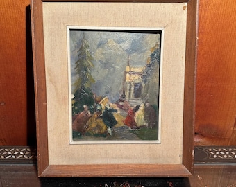 Miniature Impressionist Painting | Vintage Framed Forest Scene | Oil Art | Classical Ruin & Figures | Alpine Landscape Art
