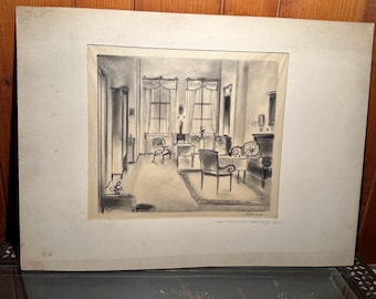 Vintage Charcoal Drawing | Mid-Century Interior Design Sketch | Modernist Living Room Art | Room Study