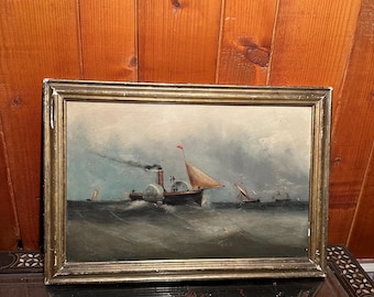 Antique Paddle Steamer Painting | 19th Century Nautical Maritime Art | Framed Oil| Vintage Sea Scene with Sailboats