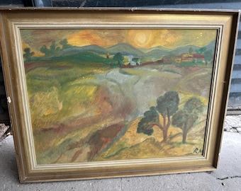 Vintage Landscape Oil Painting, Rolling Hills With Sunset Scene, Golden Tone Pastoral Artwork, Framed Countryside Wall Art, Signed RM