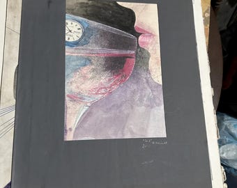 Vintage Surrealist Artwork | Wine Glass & Clock with Woman’s Face | Signed Abstract Mixed Style Painting