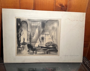 Vintage Charcoal Drawing Interior | Mid-Century Room Scene Art | “Privatraum” Sketch | Monochrome Modernist Design