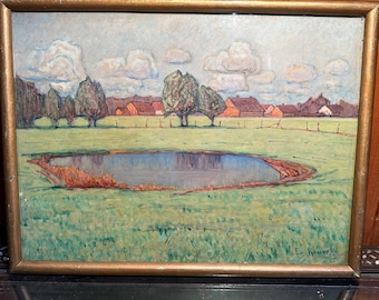 East Prussian Landscape Painting Rittergut Zandersdorf Scene, Framed Village & Pond Artwork, Vintage German Art