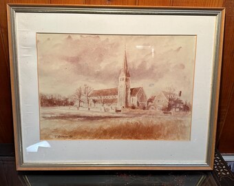 Framed 1986 Watercolor Church Scene | All Saints Woodford Wells Print | J. Vernon English Art | Sepia Landscape Vintage
