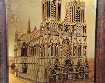 Vintage Reims Cathedral Glass Painting P. Alix | French Reverse Glass Art | Mid Century Gothic Architecture Wall Decor