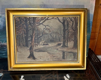 Vintage Autumn Forest Oil Painting, Bare Trees & Cabin Scene, Muted Earth Tones, Mid Century Canvas, Original Art In Gold Frame