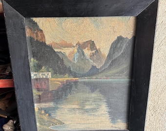 Mountain Lake Oil Painting, Lake View Alpine Scene, Heinrich Signed Artwork, Vintage Landscape Framed Wall Art