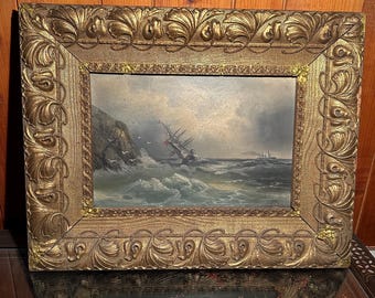 Dramatic Shipwreck Seascape | Antique Framed Maritime Oil Painting | Stormy Ocean Scene | Nautical Wall Art | 19th Century Style