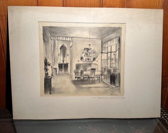 Vintage Charcoal Room Interior Drawing | Signed German Mid-Century Artwork | "Wohnung Boettcher" | Architectural Sketch
