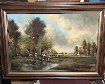 Signed Vintage Landscape Oil Painting - Cows Grazing, Framed Pastoral Scene